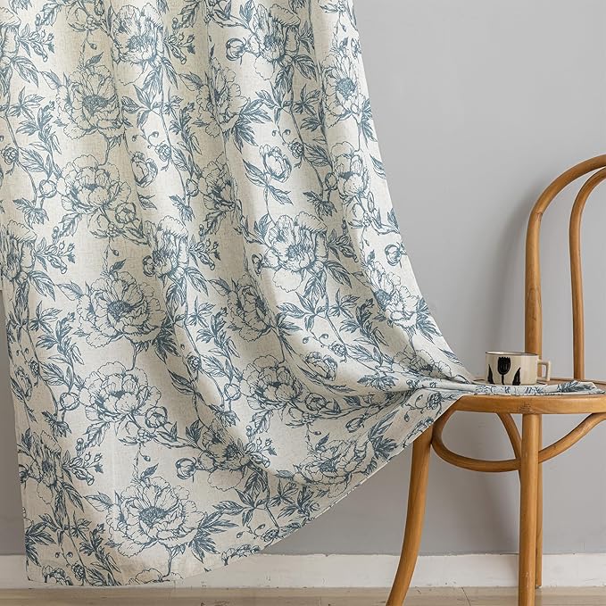 Blue Floral Curtains for Bedroom Living Room,63 Inch Length Linen Blend Curtains with Vintage Peony,Privacy Light Filtering Farmhouse Drapes Grommets 2 Panels Set, 50" W X 63" L,Navy Blue
