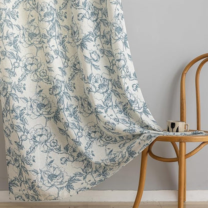 Blue Floral Curtains for Bedroom Living Room,63 Inch Length Linen Blend Curtains with Vintage Peony,Privacy Light Filtering Farmhouse Drapes Grommets 2 Panels Set, 50" W X 63" L,Navy Blue