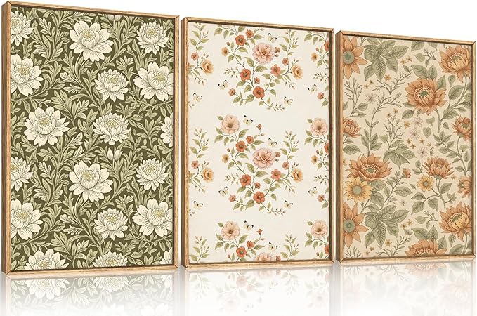 Celestdeco Vintage Pastoral Floral Framed Canvas Wall Art Set, Boho Colorful Flower Wall Decor, Peony Wildflower Wall Painting, Retro Botanical Art Prints for Living Room, Bedroom, Office-16 X24 X3