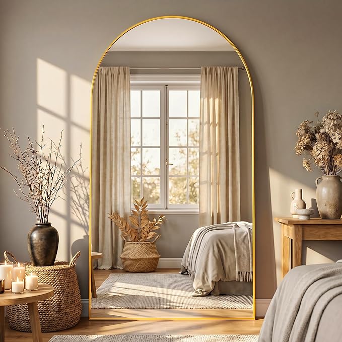 Full Length Mirror, 41"x81" Arched Floor Mirror Freestanding, Floor Standing Full Body Mirror with Stand for Bedroom, Hanging Mounted for Living Room Cloakroom, Gold