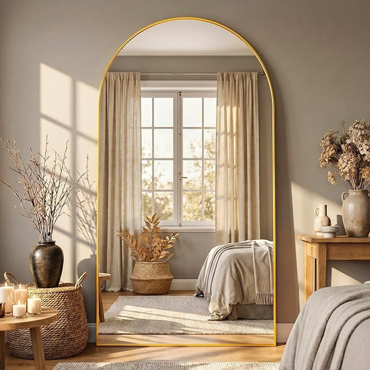 Full Length Mirror, 41"x81" Arched Floor Mirror Freestanding, Floor Standing Full Body Mirror with Stand for Bedroom, Hanging Mounted for Living Room Cloakroom, Gold