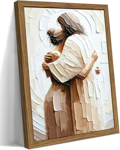 Wood Framed Jesus Embracing Woman Canvas Wall Art, Safe in His Arms Pictures Canvas Print Posters Wall Decor, Christian Wall Art Home Decor for Living & Prayer Room 12x16 inch