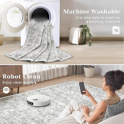 2x8 Hallway Runner Rug: Washable Vintage Floral Entryway Rugs Low Pile Non-Slip Boho Carpet for Kitchen, Bedroom, Bathroom, Dining Room (Grey, 2'x8')