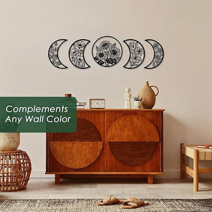 Sanwarm 5 Pieces Metal Wall Decor, Floral Moon Celestial Metal Wall Art Sunflower Witchy Black Hanging Decoration for Home Bathroom Living Room Bedroom Garden Office Housewarming Gifts