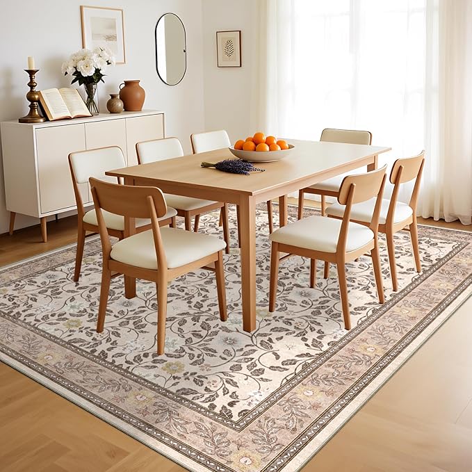 6x9 Area Rug,Floral Rugs for Living Room Bedroom,Low Pile Soft Large Carpet with Non Slip Machine Washable Boho Vintage Rug for Dining Room,Brown