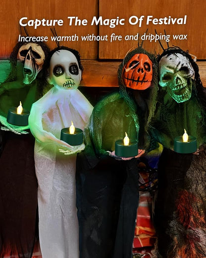 merrynights Green LED Candles, 24 Pack Tea Lights Candles Battery Operated, Flameless Tealight Candle, Realistic Tea Lights for Halloween Christmas Party Decor Mardi Gras