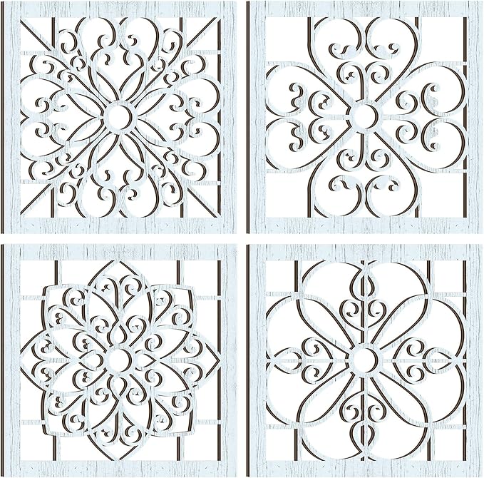 Yulejo 4 Pieces Thicken Rustic Wall Art - Farmhouse Wooden Hollow Carved Design for Living Room, Bedroom, Hallway, Office, Kitchen Decoration (Light Cyan)