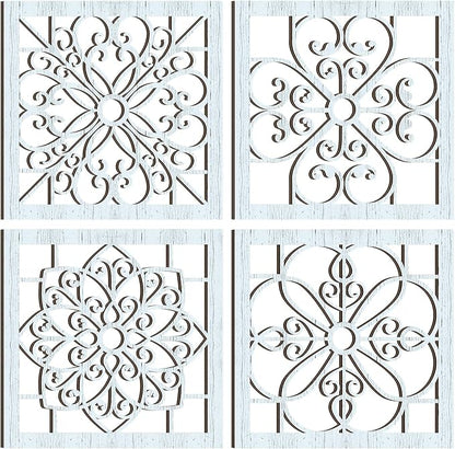 Yulejo 4 Pieces Thicken Rustic Wall Art - Farmhouse Wooden Hollow Carved Design for Living Room, Bedroom, Hallway, Office, Kitchen Decoration (Light Cyan)