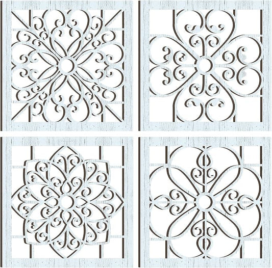 Yulejo 4 Pieces Thicken Rustic Wall Art - Farmhouse Wooden Hollow Carved Design for Living Room, Bedroom, Hallway, Office, Kitchen Decoration (Light Cyan)