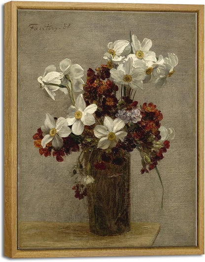 Pyradecor Vintage Framed Wall Art Bathroom Decor Narcisses Flowers in Vase Canvas Prints Floral Paintings Pictures for Living Room Bedroom Farmhouse Decor