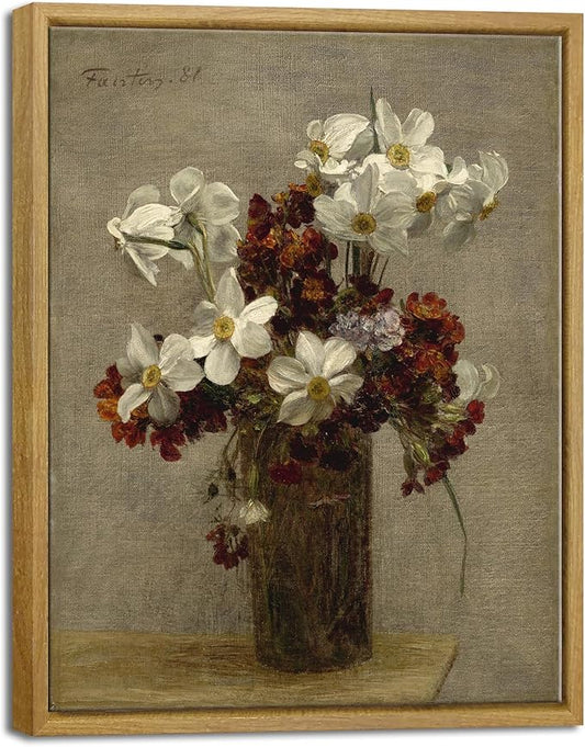Pyradecor Vintage Framed Wall Art Bathroom Decor Narcisses Flowers in Vase Canvas Prints Floral Paintings Pictures for Living Room Bedroom Farmhouse Decor