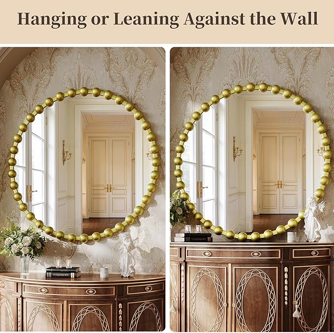 Round Mirror for Wall, 36 Inch Gold Round Vanity Mirror with Beaded Frame, Modern Decorative Wall Mirror for Bathroom, Entryway, Bedroom, Living Room, Gold