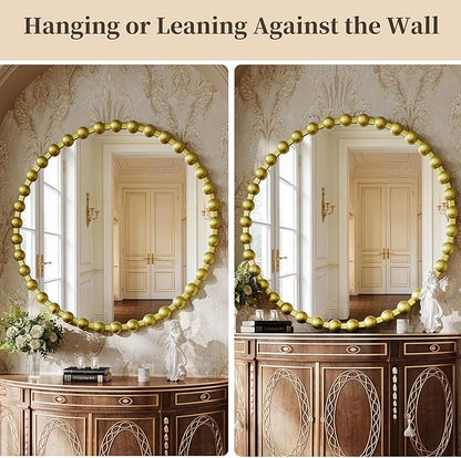 Round Mirror for Wall, 36 Inch Gold Round Vanity Mirror with Beaded Frame, Modern Decorative Wall Mirror for Bathroom, Entryway, Bedroom, Living Room, Gold
