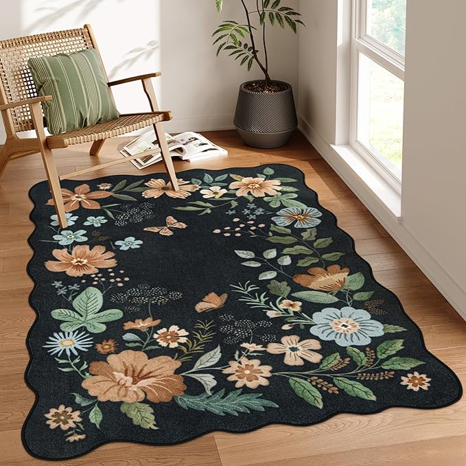 Lahome Floral Washable Rugs for Bedroom, 4X6 Living Room Rug Ultra-Thin, Non-Slip Soft Stain Resistant Boho Throw Carpet for ‎Office Entryway Dining Room Flore (4x6ft,Black/Grey)
