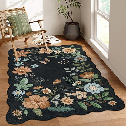 Lahome Floral Washable Rugs for Bedroom, 4X6 Living Room Rug Ultra-Thin, Non-Slip Soft Stain Resistant Boho Throw Carpet for ‎Office Entryway Dining Room Flore (4x6ft,Black/Grey)