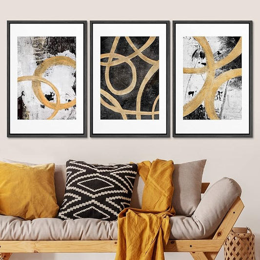 SIGNLEADER Framed Canvas Print Wall Art Set Gold Black Circle Ring Spiral Collage Abstract Shapes Illustrations Modern Art Decorative Contemporary for Living Room, Bedroom, Office - 16"x24"x3 BLACK