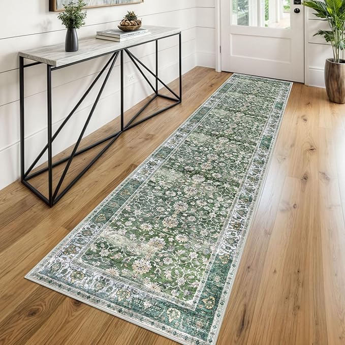 KUTA Vintage Washable Runner Rug, 2x8 Green Runners for Hallways Non-Slip Kitchen Rugs Ultra Thin Soft Printed Distressed Floral Floor Carpet for Laundry Bedroom Living Room Nursery