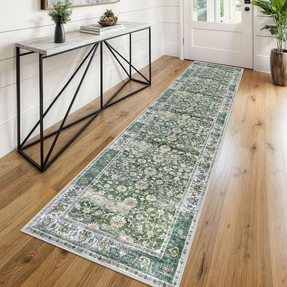 KUTA Vintage Washable Runner Rug, 2x8 Green Runners for Hallways Non-Slip Kitchen Rugs Ultra Thin Soft Printed Distressed Floral Floor Carpet for Laundry Bedroom Living Room Nursery