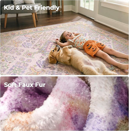 Kokia 9x12 Area Rugs for Living Room, Stain Resistant Machine Washable Rug, Non Slip Backing Boho Rugs for Bedroom, Printed Soft Vintage Carpet Lilac Lavender Purple 9 x 12