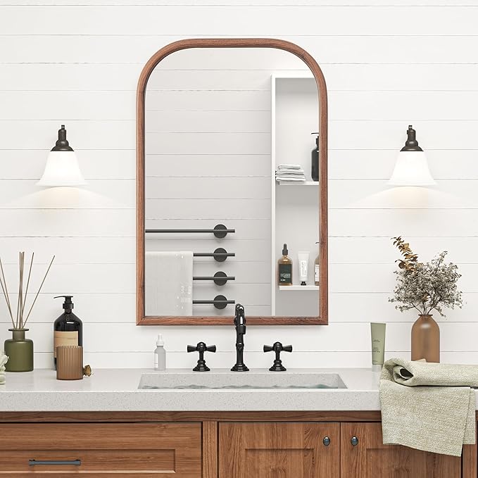 20"x30" Arch Wall Mirror Bathroom Mirror for Wall Mounted, Tempered Glass, Wood Grain Finish Frame Wall Mirror Decorative for Living Room Bedroom Entryway, Walnut