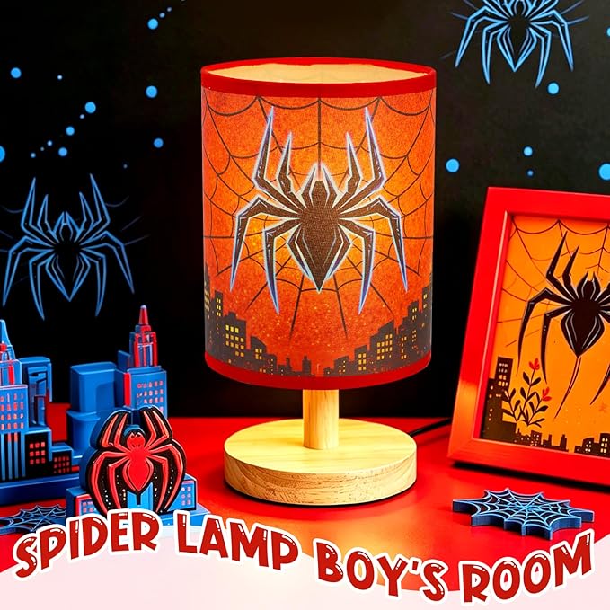 Spider Table Lamp for Boys - Spider Night Light & Bedroom Bedside Lamp with Linen Lampshade and Wooden Stand, Cartoon Nursery Lamp for Desk, Home Decor