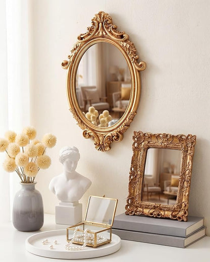 3 Styles Vintage Gold Mirror Set Wall Decorative, Vintage Wall Mirror Antique Hanging and Tabletop with Stand for Living Room Bedroom Dresser, Classic Home Wedding Decor(Court Baroque Style)