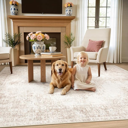Area Rug 4x6 Vintage Rug: Washable Indoor Medallion Rugs Low Pile Distressed Floor Carpet Retro Accent Rug for Living Room Bedroom Kitchen Dining Table Home Office(Retro Beige, 4'x6')