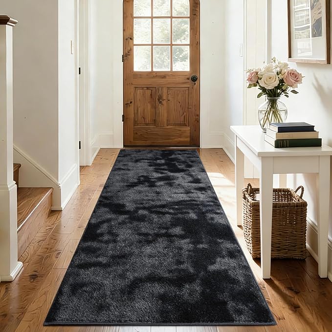 FinRèc 2x6 Washable Runner Rugs for Kitchen Hallway Bedroom, Low Pile Thin Ultra Soft Shag Rug, Non-Slip Carpet Indoor for Home Decor (Tie-dye Dark Grey)