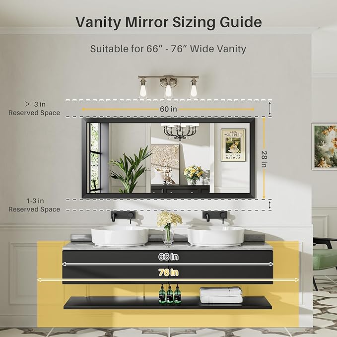 Briivue 60x28 Inch Black Bathroom Mirror for Wall, Thick Metal Framed Rectangle Mirrors for Over Sink, Bedroom, Living Room, Entryway, Anti-Rust, HD Tempered Glass