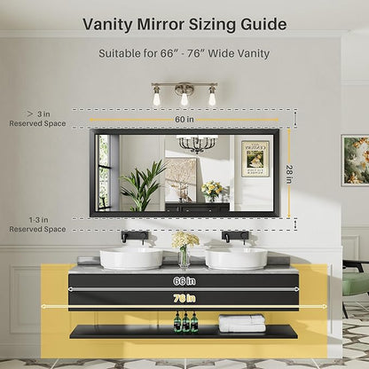 Briivue 60x28 Inch Black Bathroom Mirror for Wall, Thick Metal Framed Rectangle Mirrors for Over Sink, Bedroom, Living Room, Entryway, Anti-Rust, HD Tempered Glass