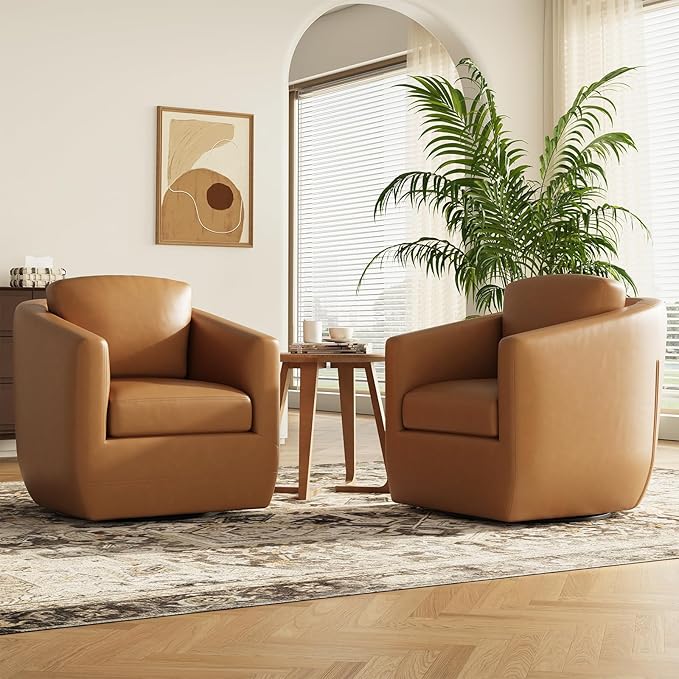 MALOL 360° Swivel Accent Chair- Comfy Living Room Armchair No-Sag Foam & Sturdy Metal Base with Pillow, Fully Assembled Swivel Accent Single Sofa for Bedroom, Office, Brown