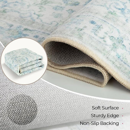 CAPALOCA Machine Washable Rugs Nursery Rug 2x6 Cute Girl Non Slip Low Pile Water Repellent Soft Print Pattern for Bedroom Indoor Decor Kids Playroom Green Blue