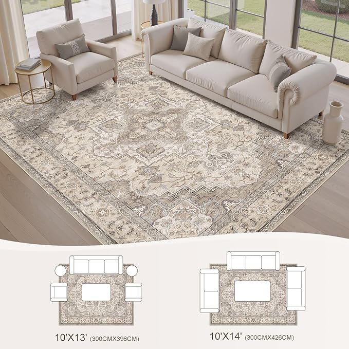EIEIHOUSE Washable Area Rugs for Living Room -10x13 Neutral Vintage Distressed Floral Farmhouse Boho Large Soft Floor Rug Indoor Non Slip Carpet for Living Room Bedroom Dining Room Office-Brown/Multi