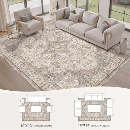EIEIHOUSE Washable Area Rugs for Living Room -10x13 Neutral Vintage Distressed Floral Farmhouse Boho Large Soft Floor Rug Indoor Non Slip Carpet for Living Room Bedroom Dining Room Office-Brown/Multi