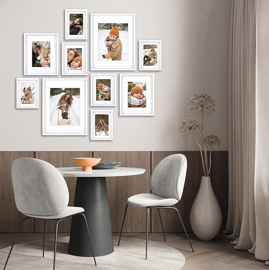 10 Piece Shadow Box Style Gallery Wall Frame Set – Deep Photo Frame Set with Mat for 8x10, 5x7 and 4x6 - Multiple Sizes Picture Frame Set for Wall Collage – Assorted Picture Frames for Wall (White)