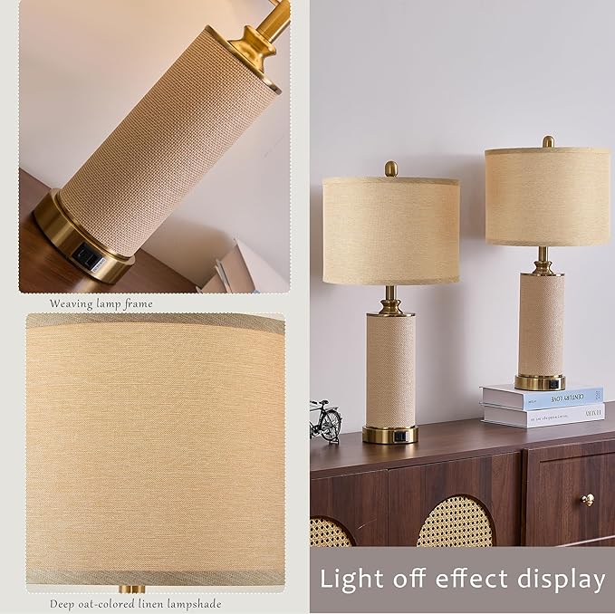 25.5" Boho Weaving Gold Large Table Lamps,Touch Control 3-Way Dimmable Farmhouse Bedside Lamps with USB A+C Charging Ports for Living Room/Bedroom/Office-with Ma Huang(LED Bulbs Included)