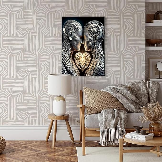 Framed 3D Love Wall Art Canvas Mural Futurist Gallery Couple Fantasy Robot Romantic Poster Art Bedroom Living Room Office Game Room High tech Aesthetic Decoration 16x24 inches