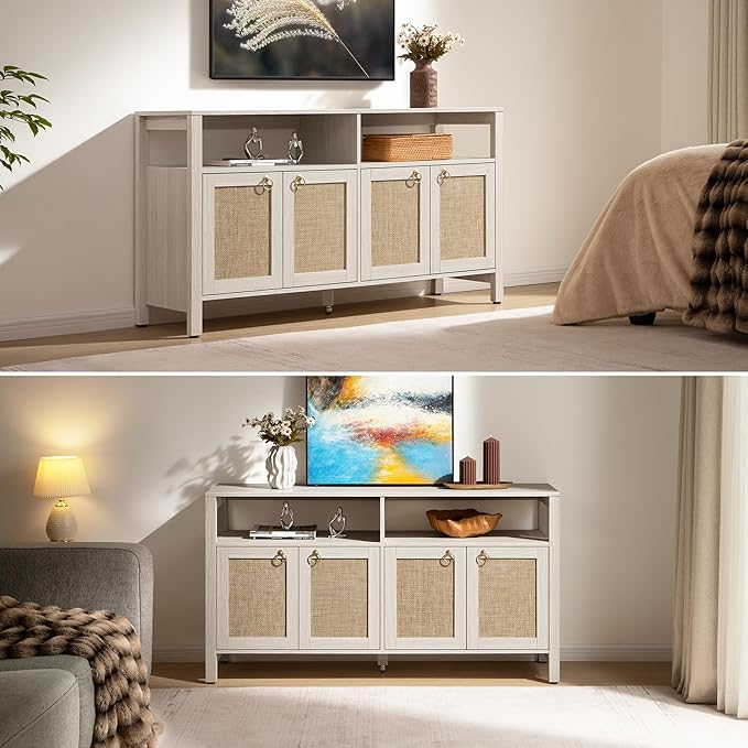 SICOTAS Rattan TV Stand for Television up to 120" - Large Entertainment Center with Storage and Open Shelves, Boho Media TV Console Cabinet with Doors and Adjustable Shelf for Living Room