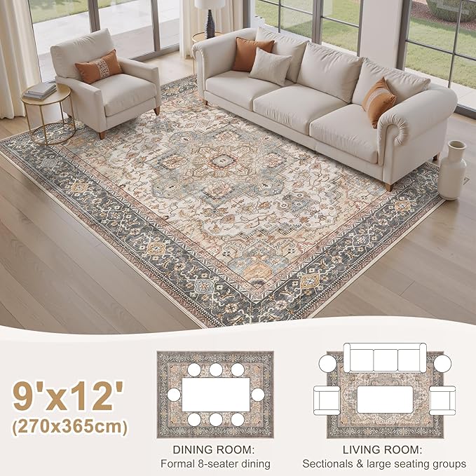 EIEIHOUSE Washable Area Rugs for Living Room - 9x12 Neutral Vintage Distressed Floral Farmhouse Boho Large Soft Floor Rug Indoor Non Slip Carpet for Bedroom Dining Room Office -Forest Green Orange