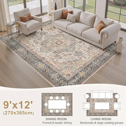 EIEIHOUSE Washable Area Rugs for Living Room - 9x12 Neutral Vintage Distressed Floral Farmhouse Boho Large Soft Floor Rug Indoor Non Slip Carpet for Bedroom Dining Room Office -Forest Green Orange