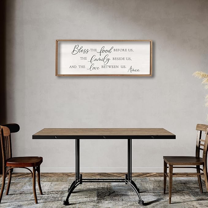 Bless the Food Before Us Wall Decor Sign 32" X 12" Dining Room Wall Decor Framed Wood for Large Farmhouse Vintage Prayer Catholic Kitchen Wall Hanging Scripture Bible Verse Art (Wood)