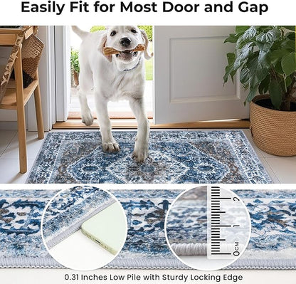 KOZYFLY Round Rug 6 Ft Rugs for Entryway Washable Circle Rug Non Slip Round Living Room Rugs Printed Faux Wool Vintage Round Dining Room Floor Carpet for Living Room, Entryway, Bedroom, Blue