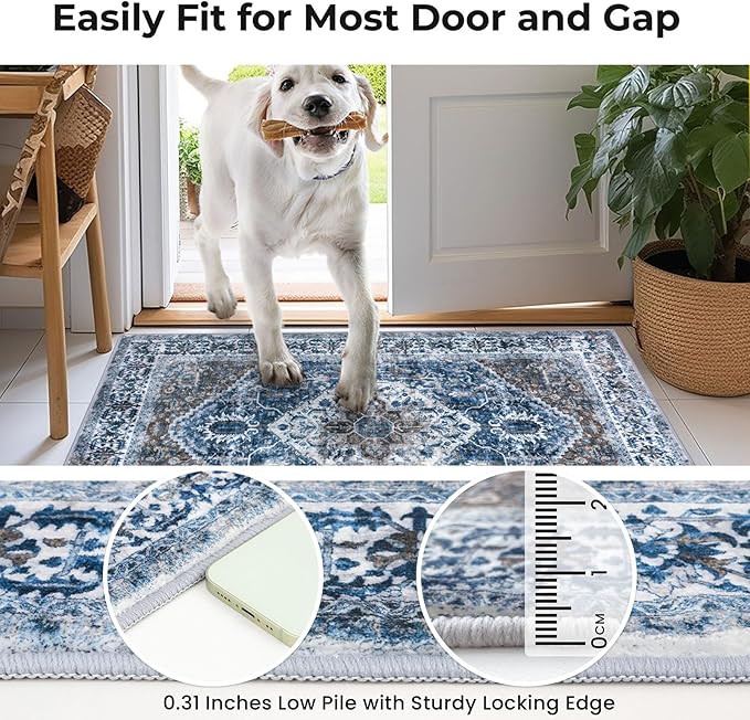KOZYFLY Boho Area Rug 9x12 Ft Thin Rugs for Living Room Washable Bedroom Rug Non Slip Rugs for Living Room Blue Printed Faux Wool Vintage Bedroom Rug Floor Carpet for Dining Room
