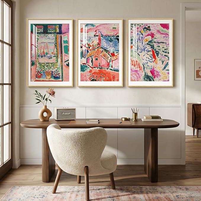 Large Framed Matisse Wall Art for Living Room, Set of 3 Colorful Abstract Landscape Wall Painting Prints, Vintage Retro Aesthetic Wall Decor for Dining Room Bedroom Office Hallway 24x36 Inch