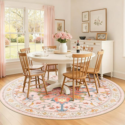 RELEANY Area Rugs Round 8ft Washable Non-Slip, Floral Vintage Distress Print Pattern Medallion Carpet for Living Room Bedroom Dining Room, Light Pink Colorful