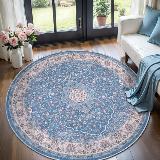 Tangsoo Vintage 4ft Round Area Rug,Washable Circle Rug Small Round Rug Soft Blue Beige Low-Pile Boho Circular Carpet for Bedroom Entryway Office Living Room