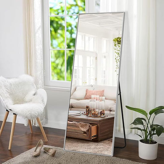 NeuType Full Length Mirror, 64"x21" With Stand - Floor or Wall-Mounted, Hanging or Leaning - Aluminum Alloy Thin Frame (Silver)
