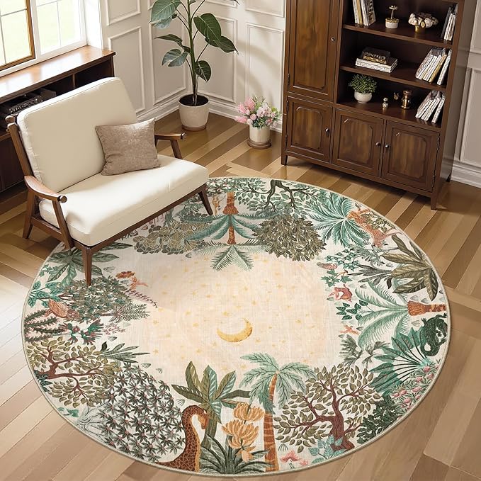 GarveeHome Round Area Rugs 8ft for Living Room, Large Beige Jungle Washable Circle Rug Soft Non Slip Forest Animal Print Floor Mat Tiger Carpet Indoor Thin Rug for Bedroom Dining Room Playroom Nursery