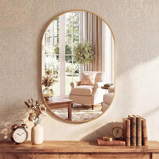 NEWBULIG 24" x 36" Oval Bathroom Mirror, Gold Wall Mirror with Metal Frame, Tempered Glass, Morden Vanity Mirror for Over Sink, Entryway, Living Room, Bedroom, Horizontal or Vertical