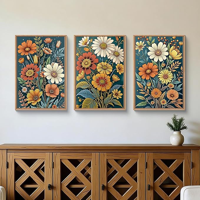 HOURIA Spring Boho Vintage Floral Framed Canvas Wall Art Set,Nordic Retro Colorful Wildflower & Green Leaves Wall Decor,Abstract Vibrant Bouquet Botanical Artwork for Living Room, Bedroom,Farmhouse-16"x24"x3